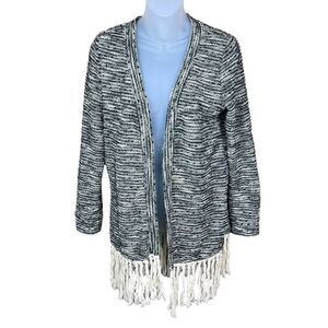 Addie Cardigan Fringe Hem Black Grey Cream Knit Open Front Boho Size Medium